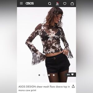 ASOS DESIGN sheer mesh flare sleeve top in mono cow print